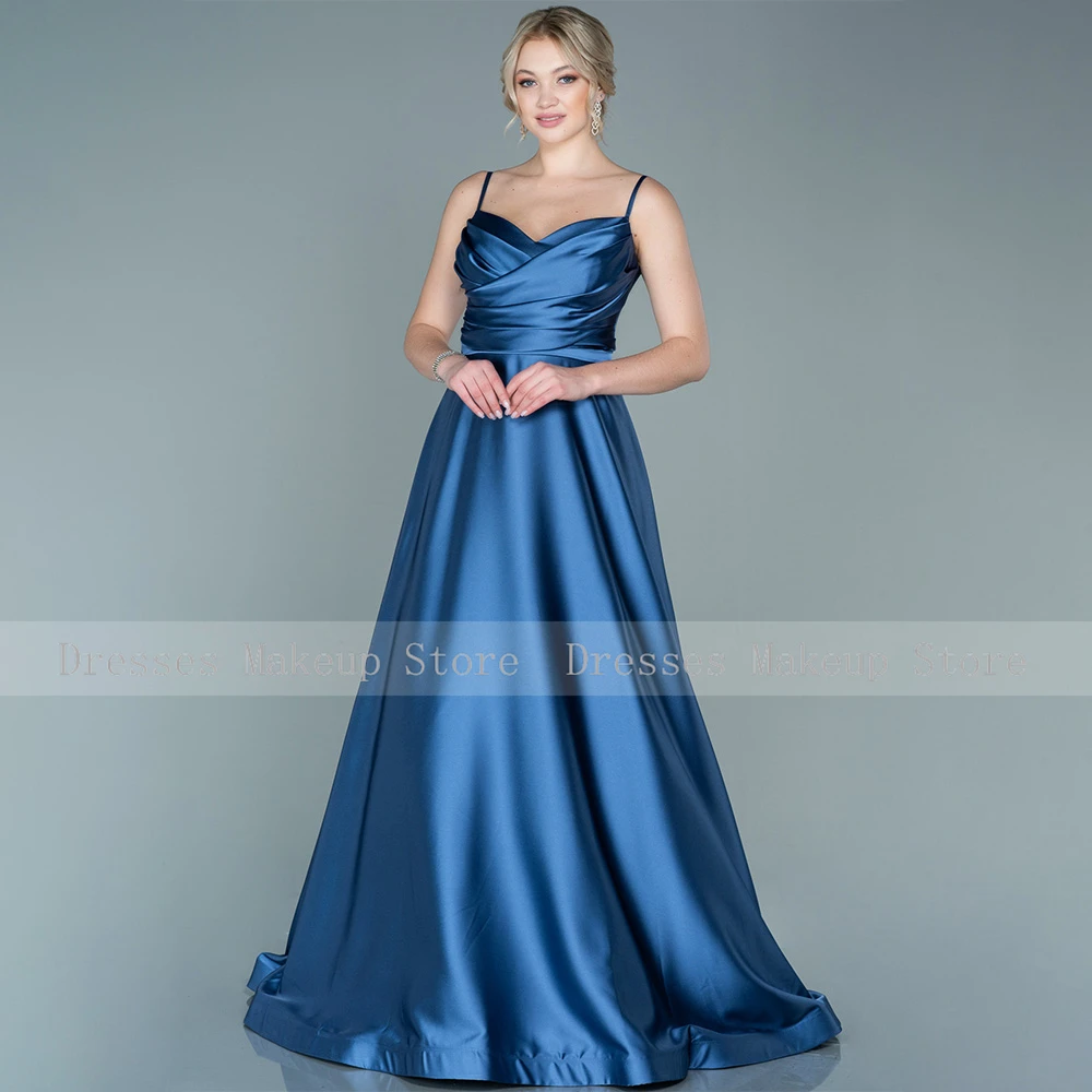 Vestido de noite feminino azul escuro de cetim, cintos de espaguete, cinto longo, linha A, vestido de casamento simples