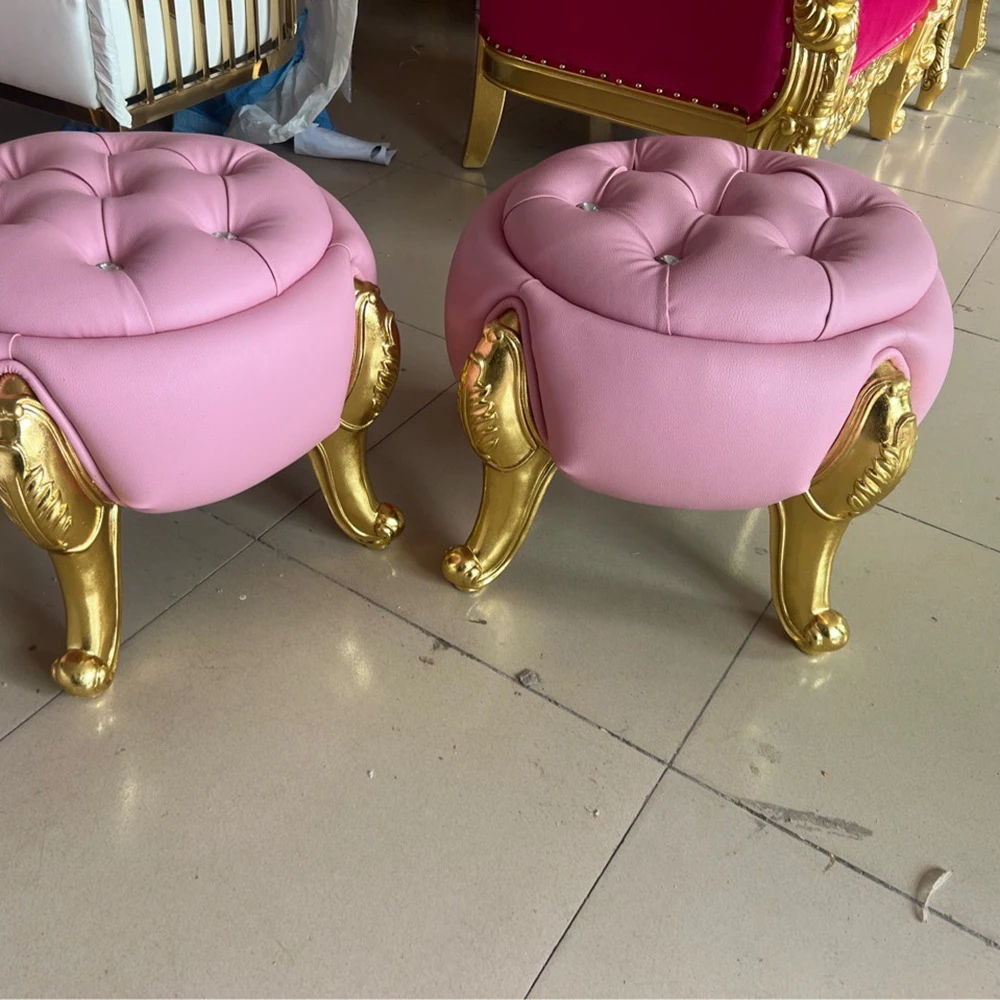 Indoor Home Luxury Leather Crystal Buttons Small Round Ottoman Foot Stool with wooden Base