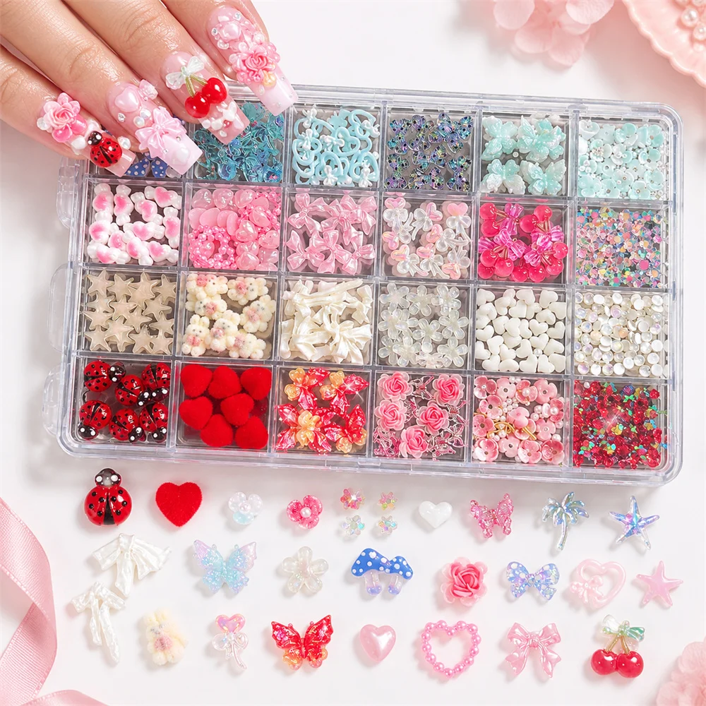 24Grids 3D Resin Nail Ornaments Mixed Color Bowknot Flower Heart Butterfly Nail Charms For Home DIY Nail Art Embellishments
