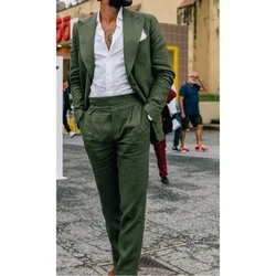 Green Linen Men Suits Casual Beach Wedding Male Clothing Single Breasted Peak Lapel 2 Piece Jacket Pants Outfits Costume Homme