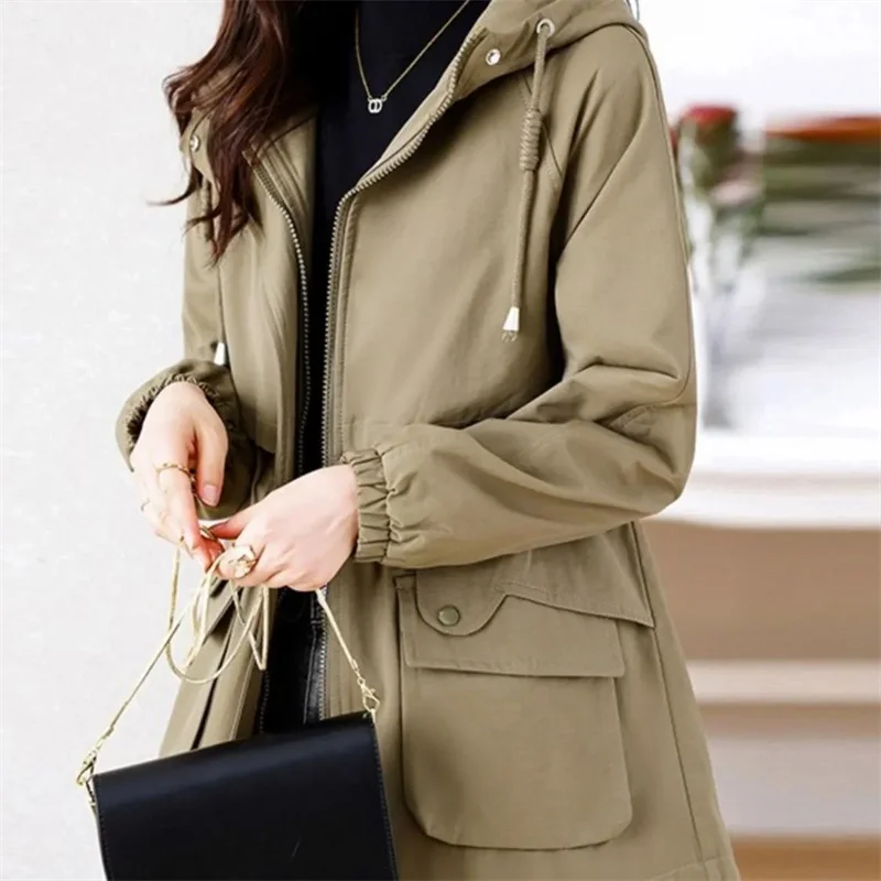 

2025 New Spring Autumn Trench Coat Women Casual Long Sleeve Hooded Medium Long Female Overcoat Femme Windbreaker Gabardina Mujer