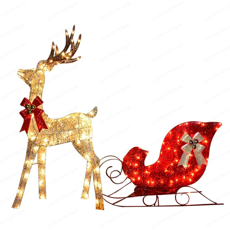 LED Reindeer Sleigh Christmas Decoration, Wrought Iron Deer Pull Cart Outdoor Waterproof Mall Hotel Ornament