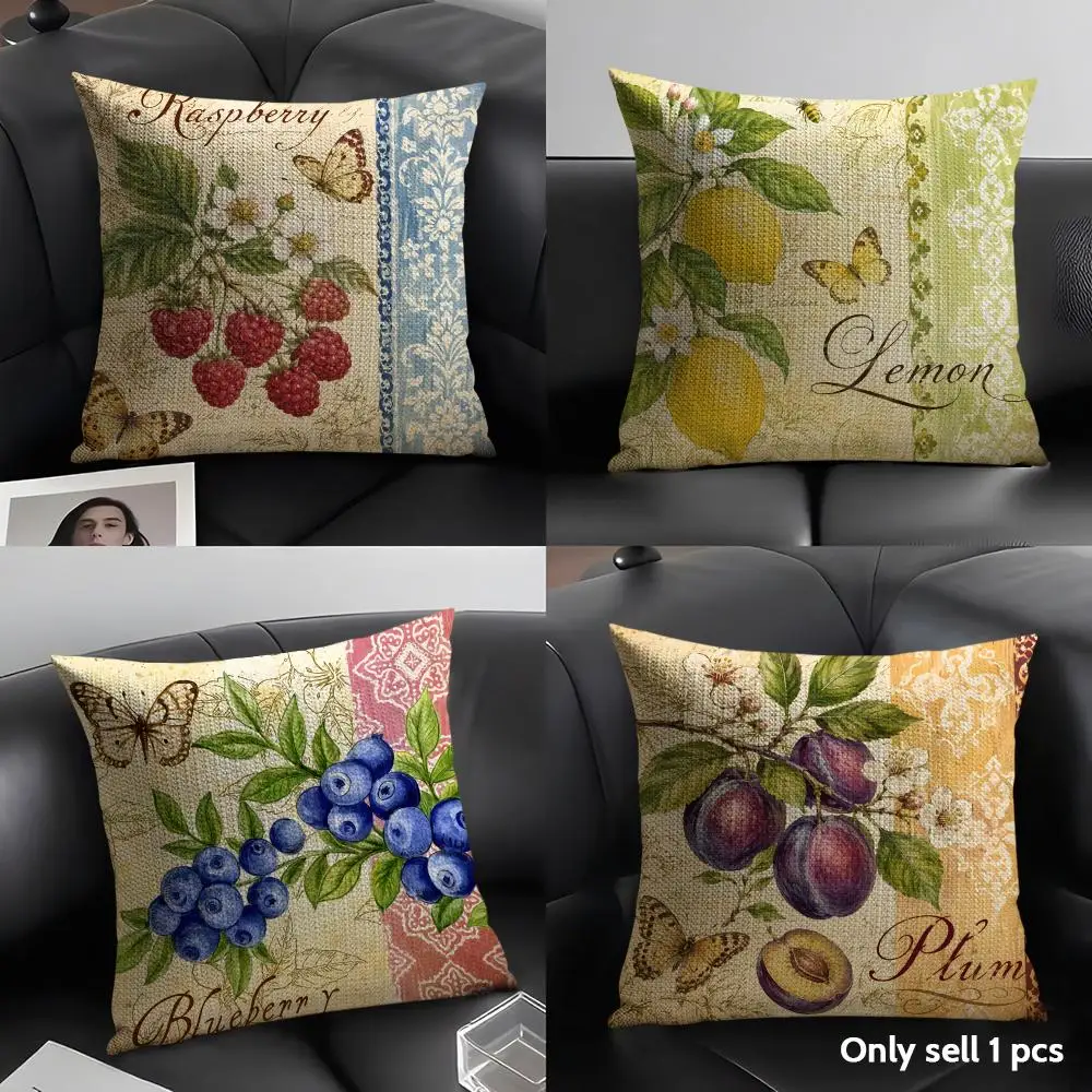 Fruit Strawberry Flowers Cushion Cover Natural Linen Pillow Case Organic Fabric Double Sided Print Sofa Home Decor Gift