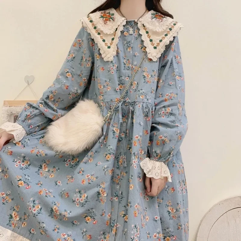 Japanese Doll Collar Dress for Women Forest Style Loose Embroidered Small Flower Cardigan Long Sleeve Shirt Robe  w1453