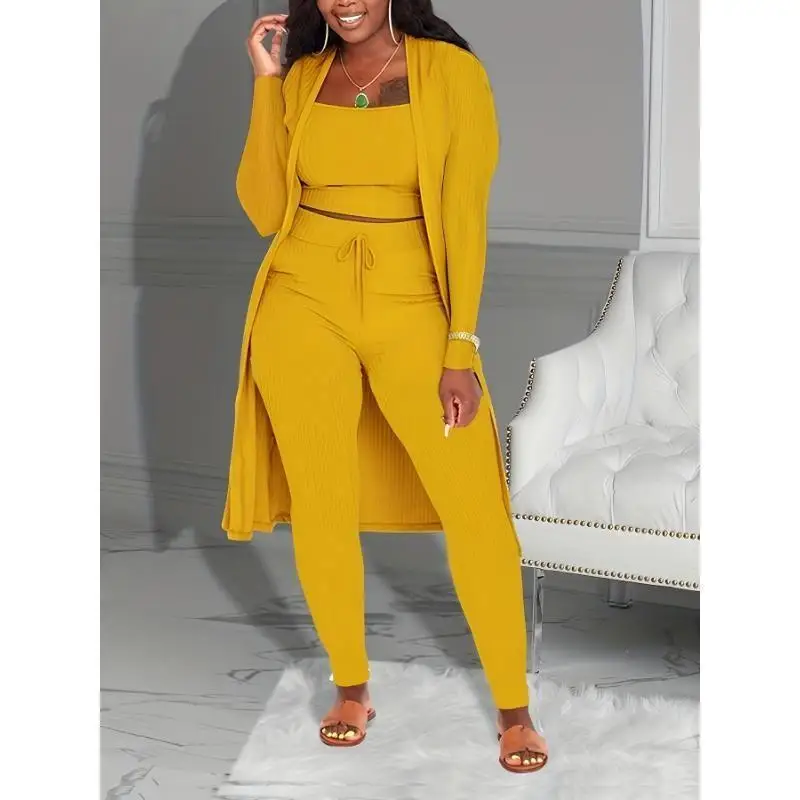Casual Ribbed 3 Piece Set Midriff Baring Tank Top High Fashion Women's Ensemble Summer Collection Versatile Casual Wear