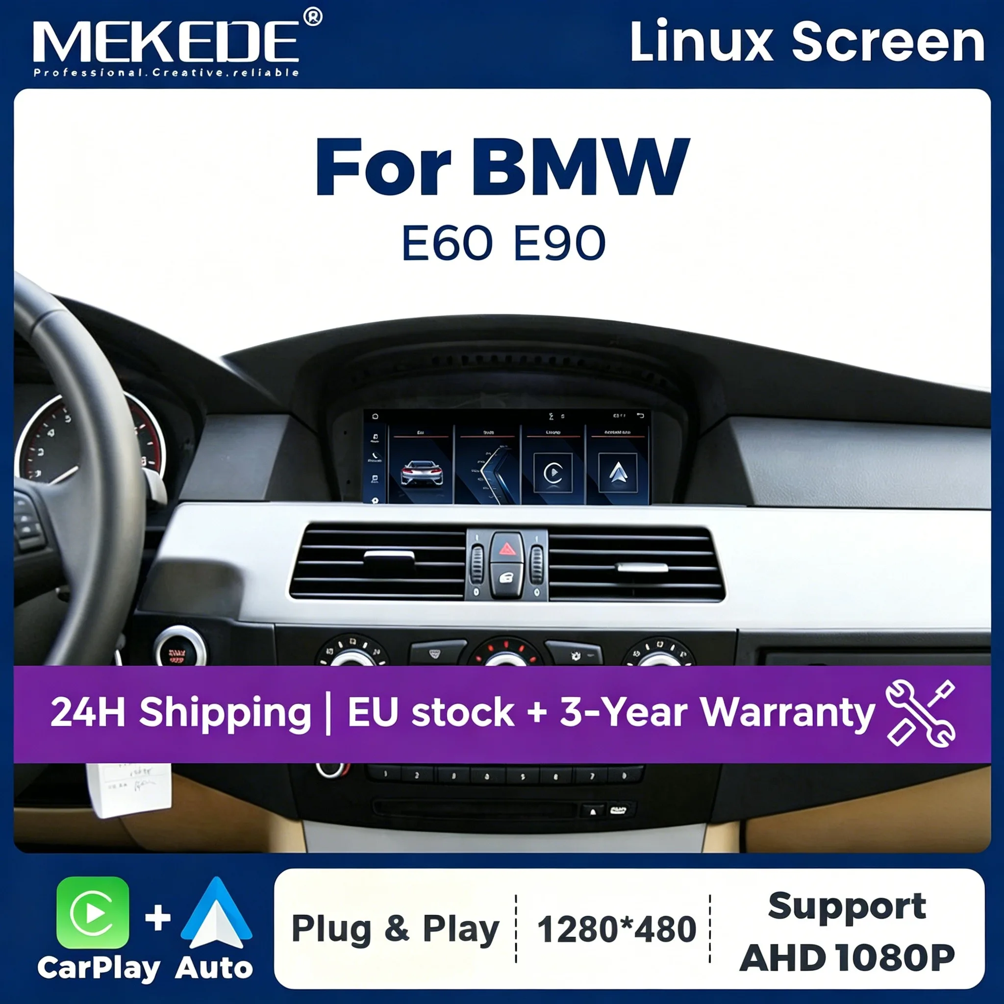 MEKEDE Livraison UE 2026 Nouvel écran tactile multimédia automobile Linux 8,8 pouces pour BMW Série 3 E60 E61 E63 E64 Série 5 E90 E91 E92 E93 Système CCC CIC CarPlay sans fil Android Auto Autoradio Prise en charge Bluetooth Caméra de recul AHD Mirror Link Affichage 1280*480