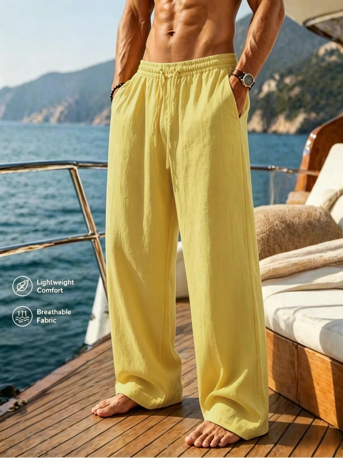 Herren Baumwoll-Leinen-Hose mit Weitem Bein, Elastischem Bund und Kordelzug, Leichte Atmungsaktive Sommer-Strand-Freizeithose – Detail 1