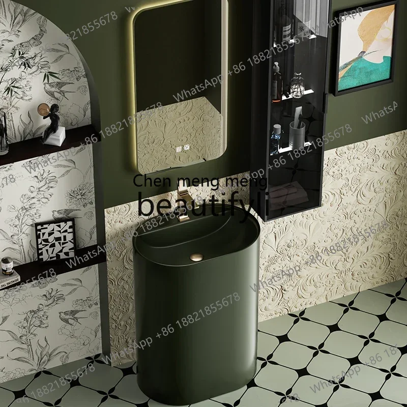 

New arrive French retro green ceramic column basin bathroom integrated washbasin bathroom villa balcony washbasin