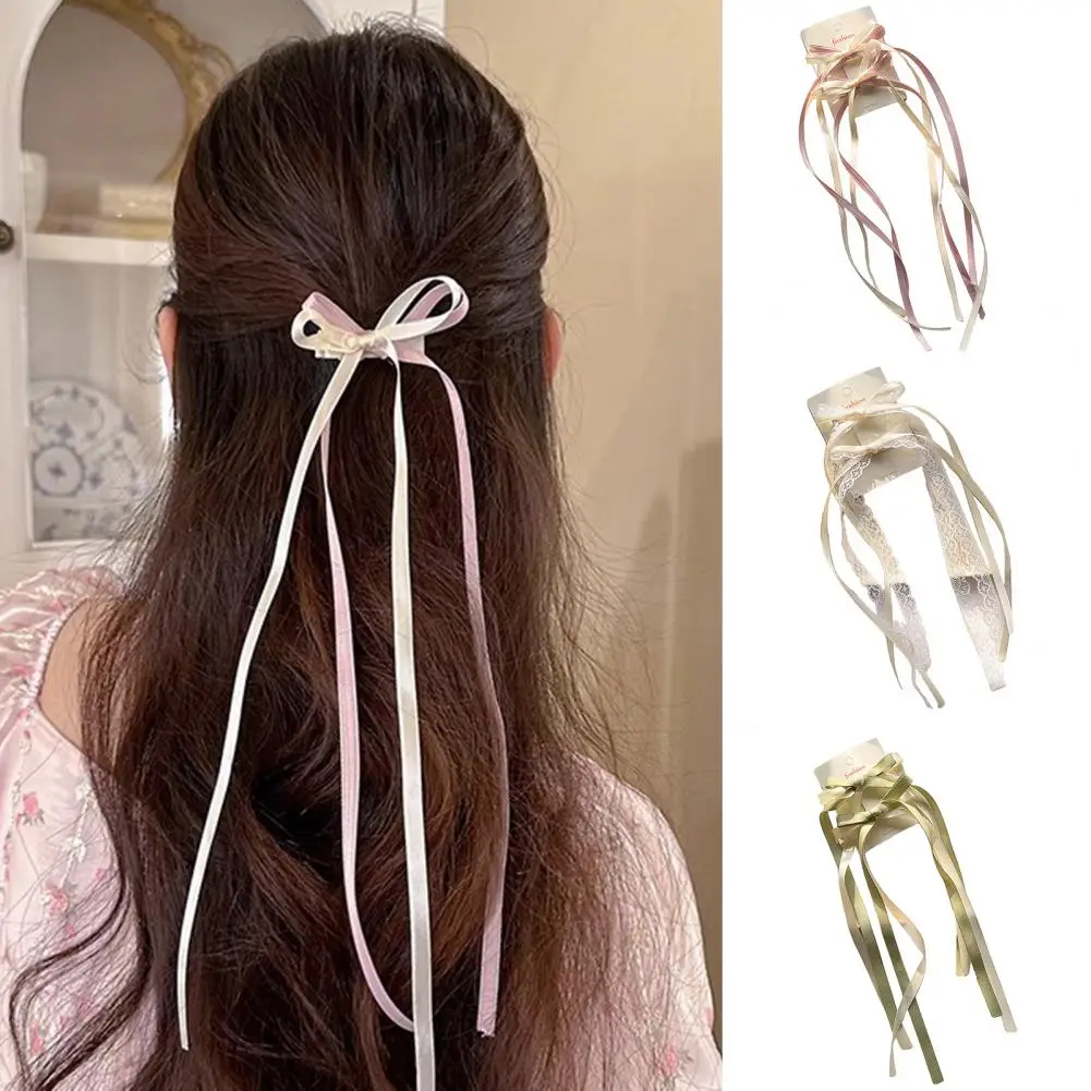 2Pcs Hair Rope Double Layer Soft Fabric Long Ribbon Hand-Sewn Bow Decor Hair Tie Princess Hairstyles Versatile Hair Accessory