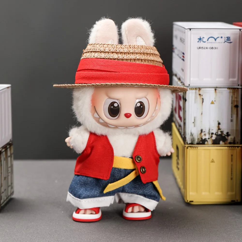 

New Labubu Doll Clothes Cartoon Hat Backpack Luffy Straw 4-piece Set Mini Plush Doll Clothing Fashion Doll Accessories