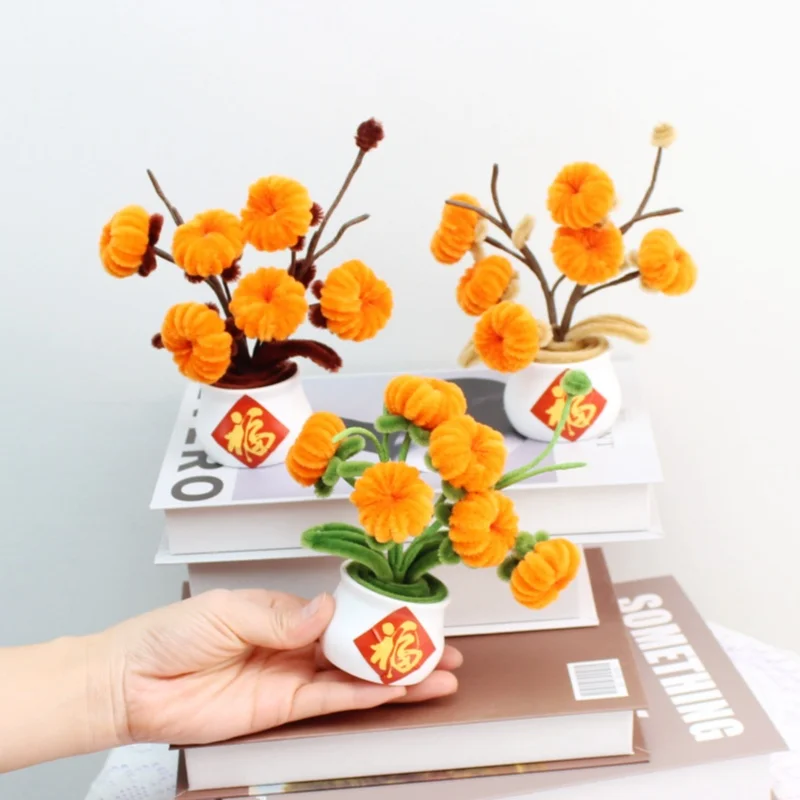 

PIPE Gold Persimmon flower Bonsai Handmade Artificial Flower Christmas Gifts Handmade Potted Persimmon Flower Desk Brown Green