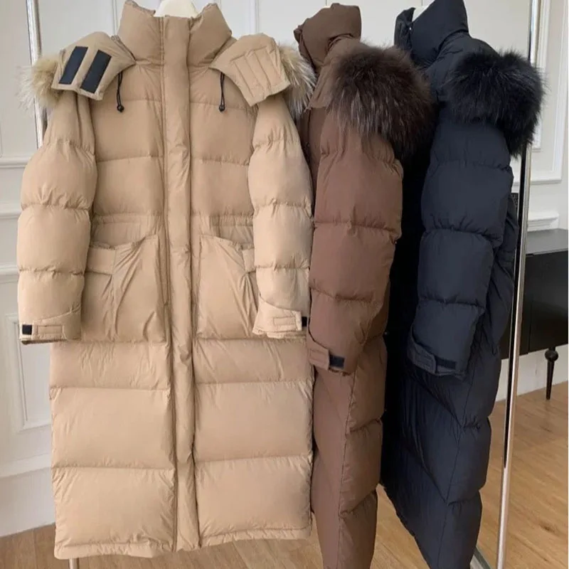 Winter White Duck Down Women Down Jacket 2024 New Fashion High Quality Warm Hooded Natural Fur Collar Women's Down Jacket H230