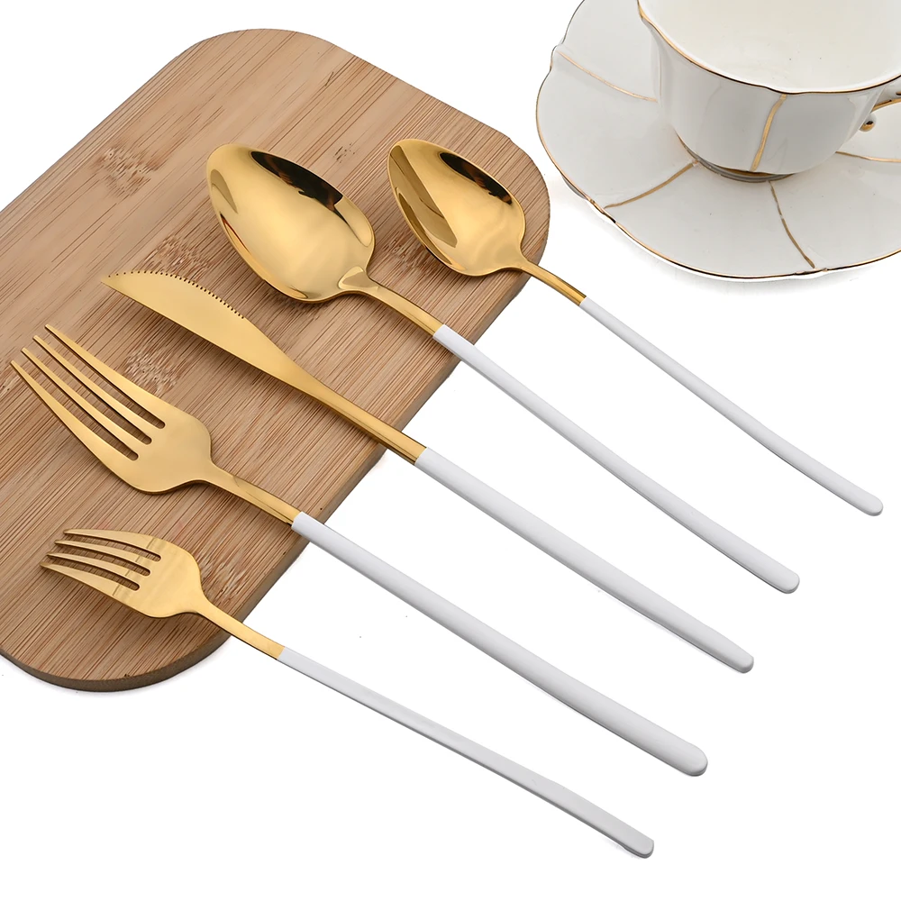 White Gold Dinnerware Set 18/10 Stainless Steel Flatware Knife Dessert Fork Spoon Tableware Cutlery Set Kitchen Silverware