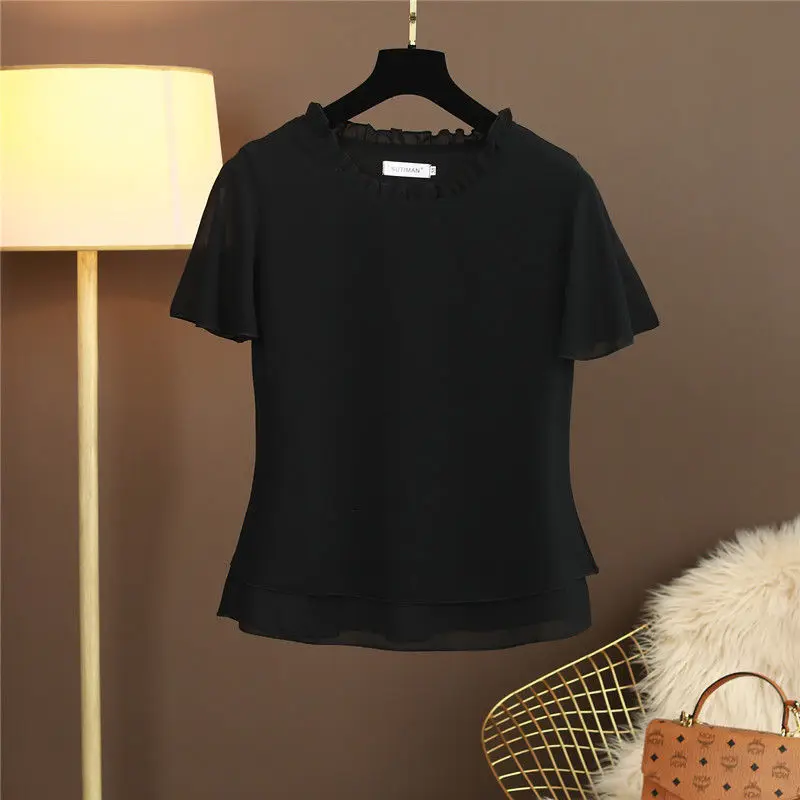 Solid Color Summer Casual Chiffon Ladies Tops Simplicity Short Sleeve All-match Pullovers Women\'s Clothing Irregular T-Shirts