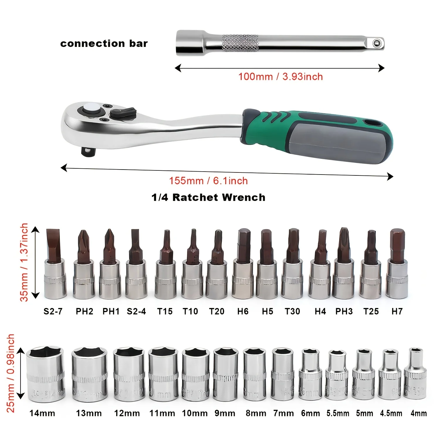 Handwerkzeuge 29-teiliges Schlagsteckschlüsselsatz mit 1/4-Zoll-Antrieb, metrisch 4–14 mm, robustes EVA-Schaumblech, passend für perfektes Werkzeug – Detail 3
