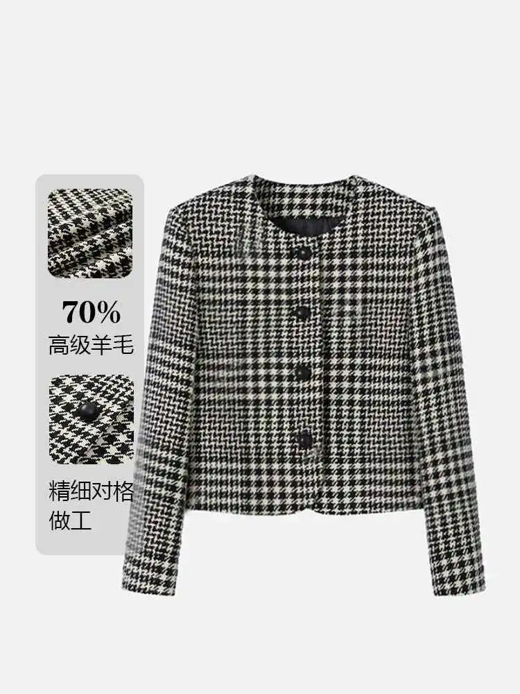 

Round Neck Vertical Single Row Large Round Button Long Sleeve Short Jacket Black And White Contrast Classic Check Wool Jacket