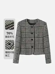 Round Neck Vertical Single Row Large Round Button Long Sleeve Short Jacket Black And White Contrast Classic Check Wool Jacket