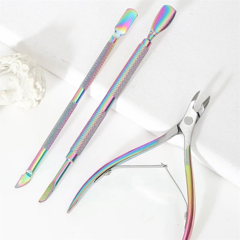 

3pcs/set Rainbow Stainless Steel Nail Cuticle Pushers Nail Art Manicure Tools Dead Skin Remover Nail Scissor Nipper Clipper Tool