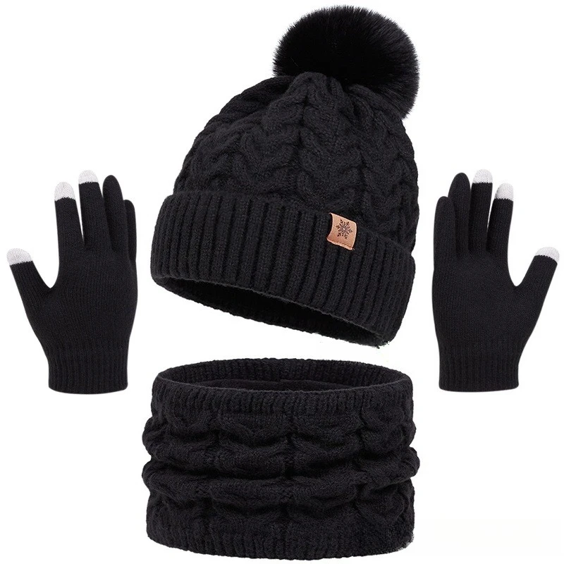 Men's / Women's Outdoor Warm Fleece-lined Knitted Hats Winter Cold-proof Double-layer Stocking Cap Three-piece Set