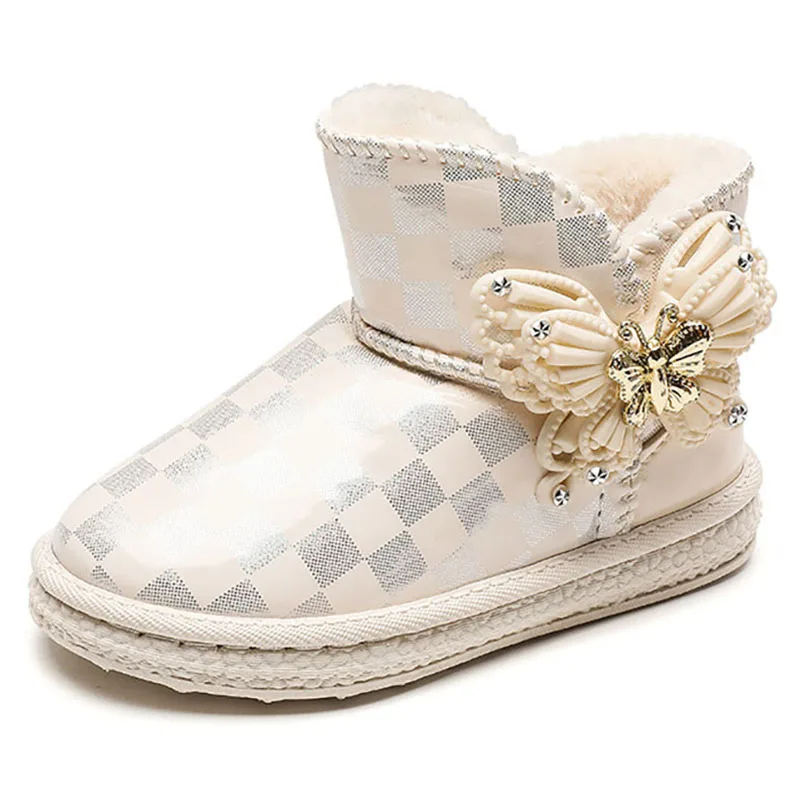 Scarpe invernali in cotone peluche per ragazze PU Leather Trend Fashion stivali da neve per ragazze grandi scarpe in peluche per bambini con farfalla in stile coreano