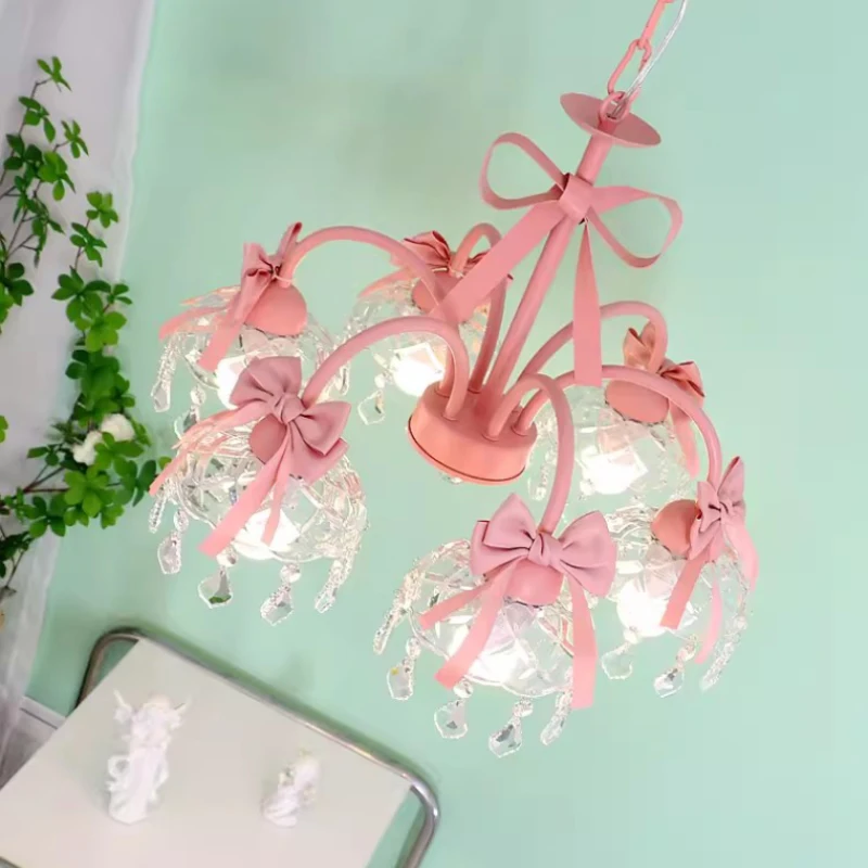 lustres do quarto estilo princesa rosa lampada de cristal bonito arco candelabro suspenso do quarto das criancas da menina candelabro da sala de estar 01