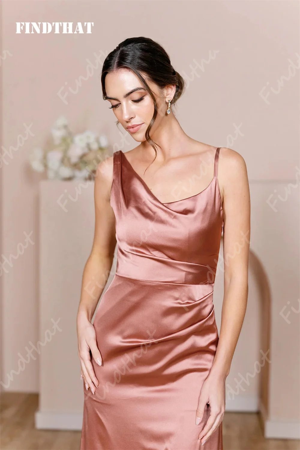 Findthat-Robes de demoiselle d'honneur en satin à encolure froncée, robe de soirée sirène élégante avec fente, longueur au sol, 2024