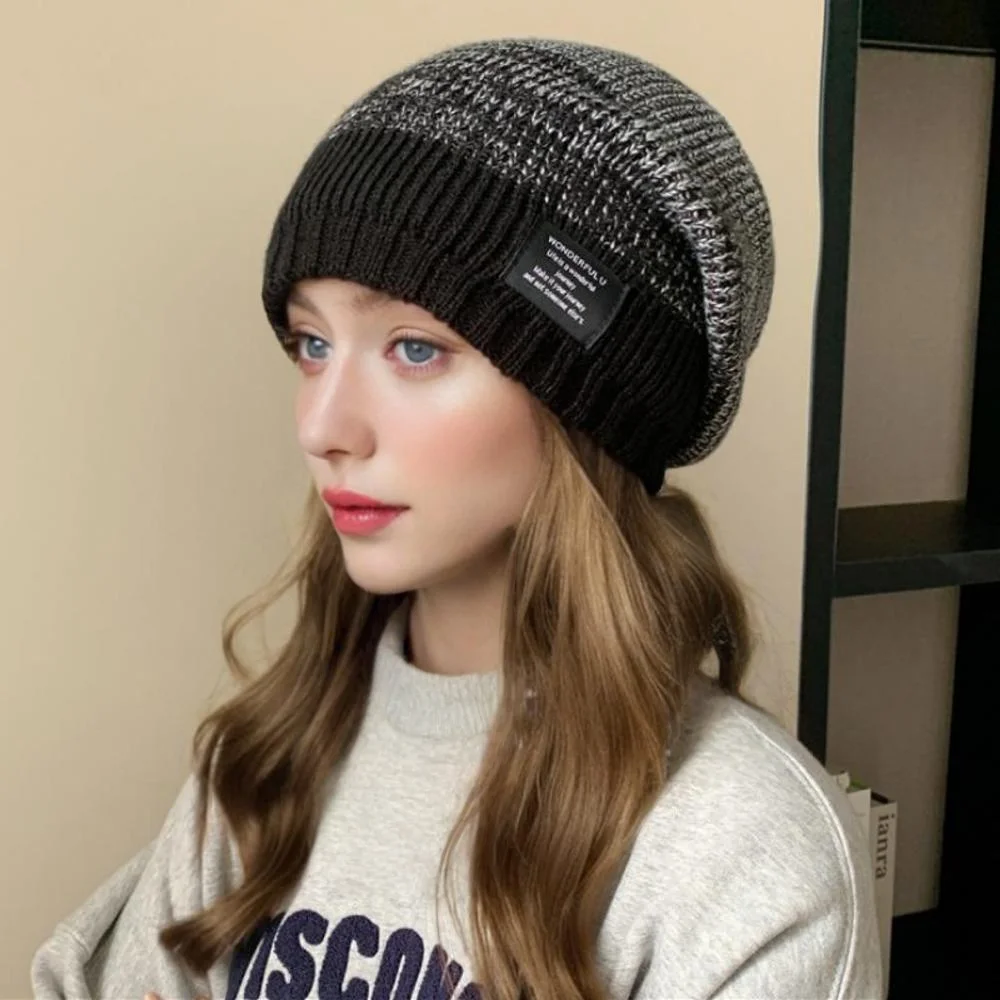 Hot Sale Women Slouchy Winter Hats Plush Fur Lined Beanie Cap Female Winter Mixing Color Label Decor Knitted Hats