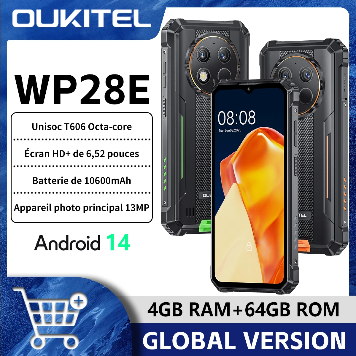 Oukitel WP28 E teléfono celular resistente 6,52 pulgadas HD + pantalla 10600mAH Smartphone IP68 y IP69K y MIL-STD-810H cámara trasera teléfono de 13MP