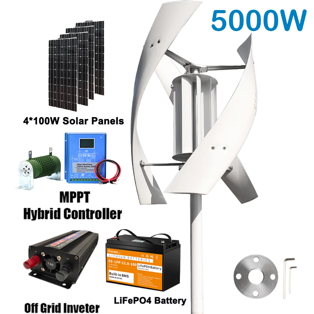 

5KW Wind Turbine Generator Complete Set Home Use 12V 24V 48V Windmill 220V output Inverter With Controller Solar Panels Battery