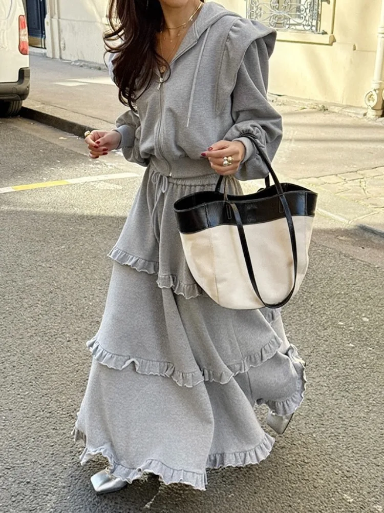 Elegant Autumn Zipper Hoodie Jacket Women's Skirt Set with Wood Grain Ruffle Half-length Spring Summer Casual Streetwear