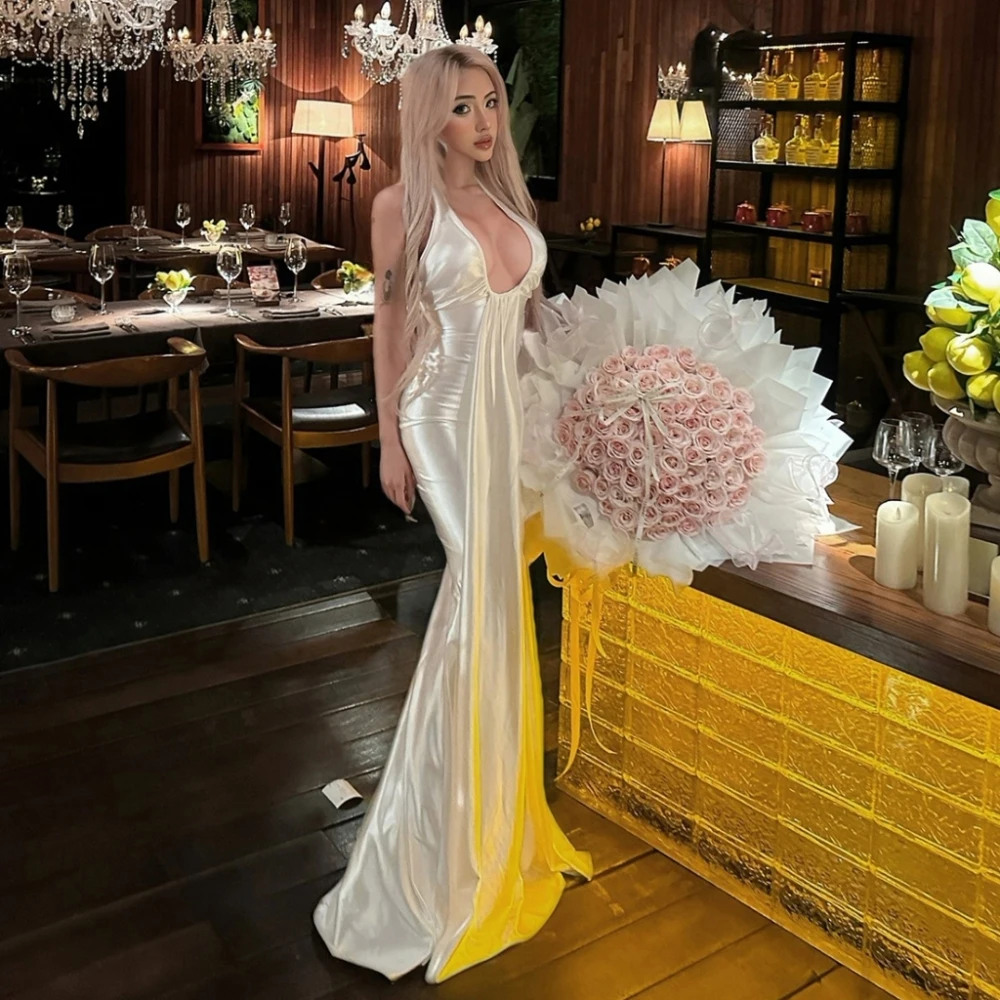 SylCue Silky Satin Elegant Long Dress Dress Women Halter Low-Neck Backless Sleeveless Midnight Cocktail Party Skinny Vestidos