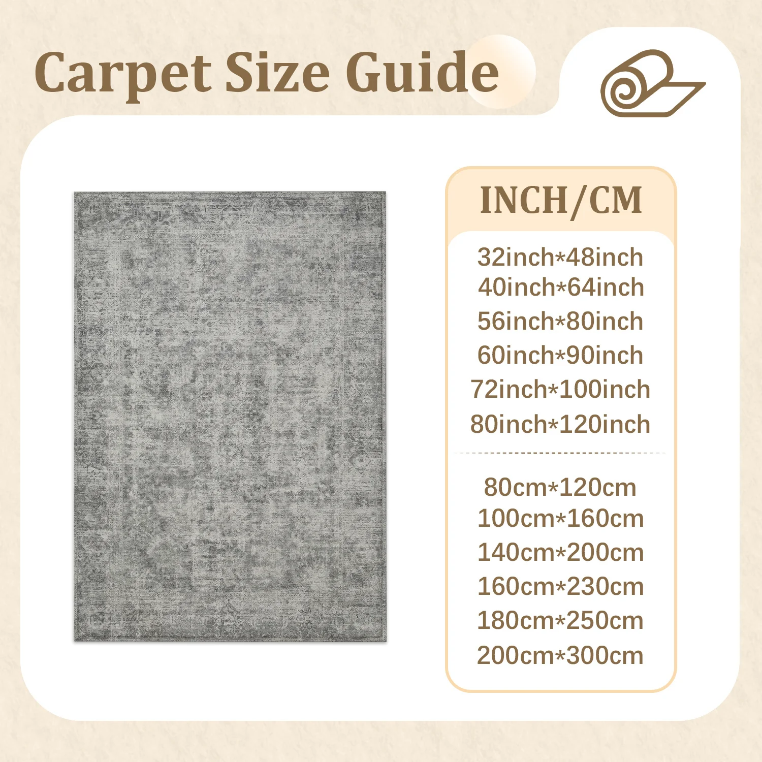 Large Indoor Area Rug, Soft Velvet Low Pile with Non-slip Dotted Backing, Machine Washable, Vintage Distressed Light Gray Ornamental Pattern, Ideal for Living Room, Bedroom, Home Decor