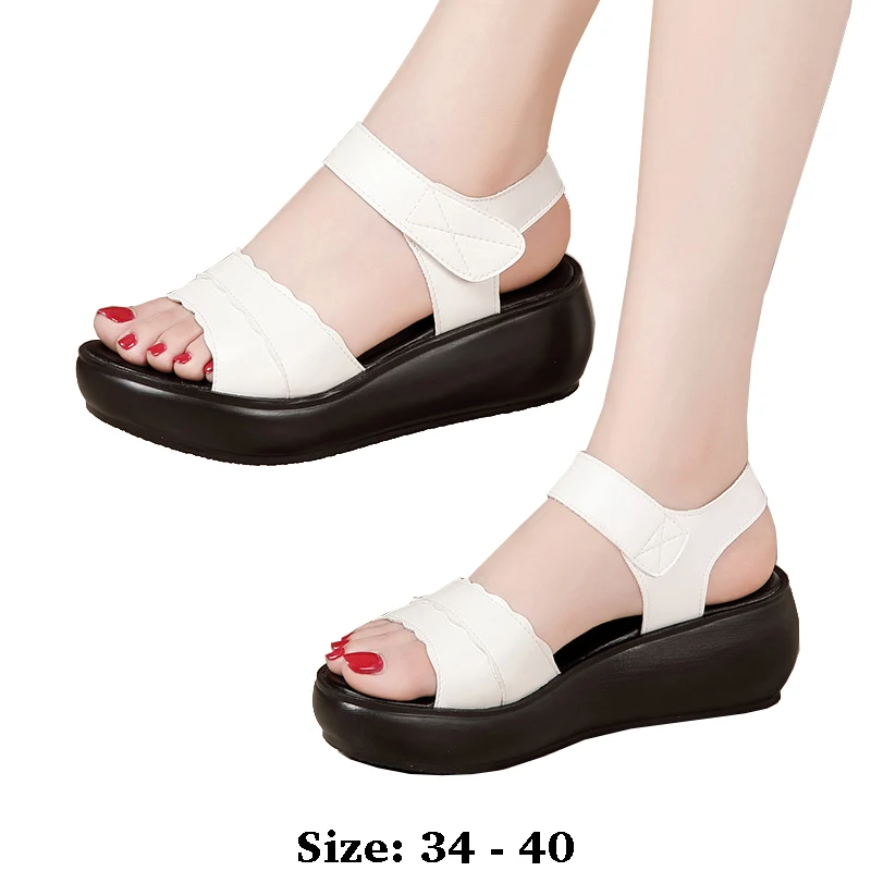 

High quality leather wedge sandals for women 6cm mid heel 2025 summer 34 35 40 platform open toe fashion elegant shoe black red