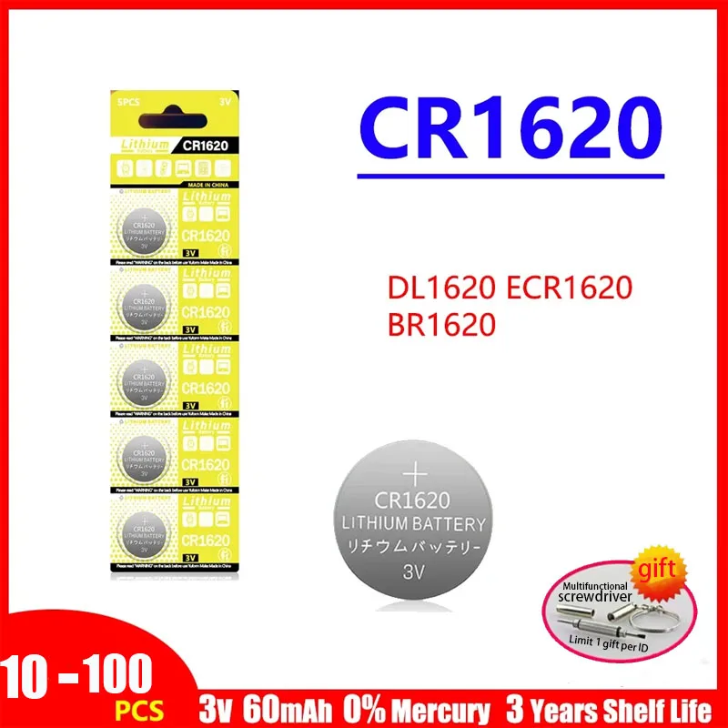 High-Capacity 10-100PCS 60mAh CR1620 3V Lithium Battery LM1620 BR1620 ECR1620 KCR1620 Coin Cells Watch Toys CR 1620 Batteries