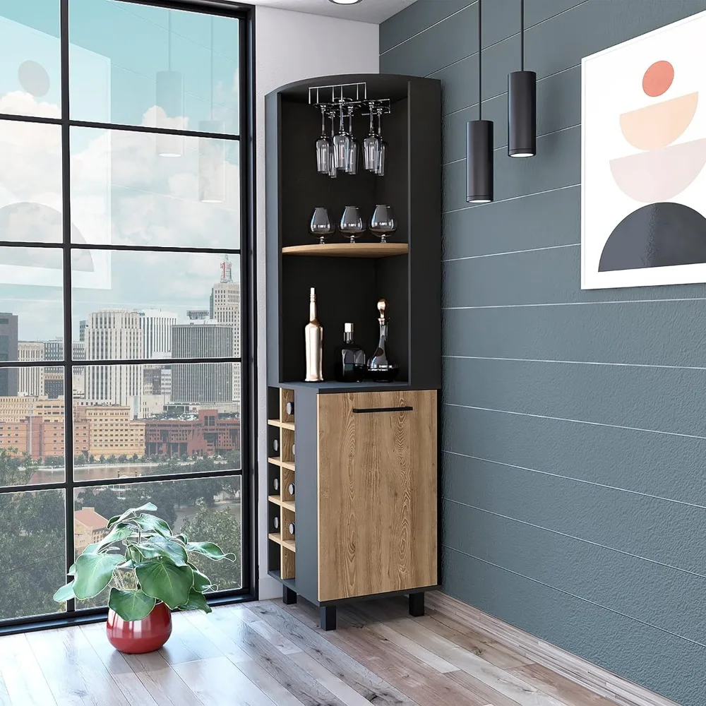 Bar Cabinet with Open Shelves, Inner Shelves, Glass Rack, and Wine Cubbies, Black/Pine