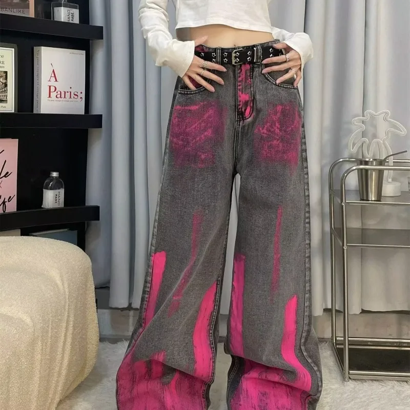 Matakawa Y 2K Roze Graffiti Denim Broek Vrouwen Vintage Streetwear Lente Herfst Pantalones De Mujer Grijze Broek Met Wijde Pijpen