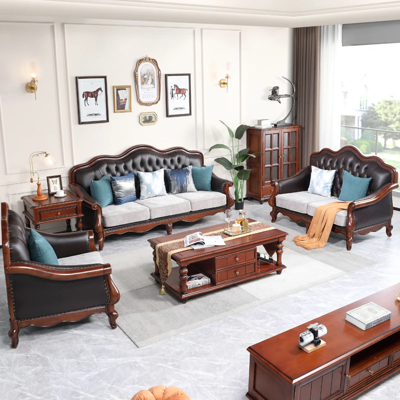 

#American Style Genuine Leather U-shape Sofa Living Room High-end Luxury Imported Top Layer Cowhide Three-seat Set Hotel Villa