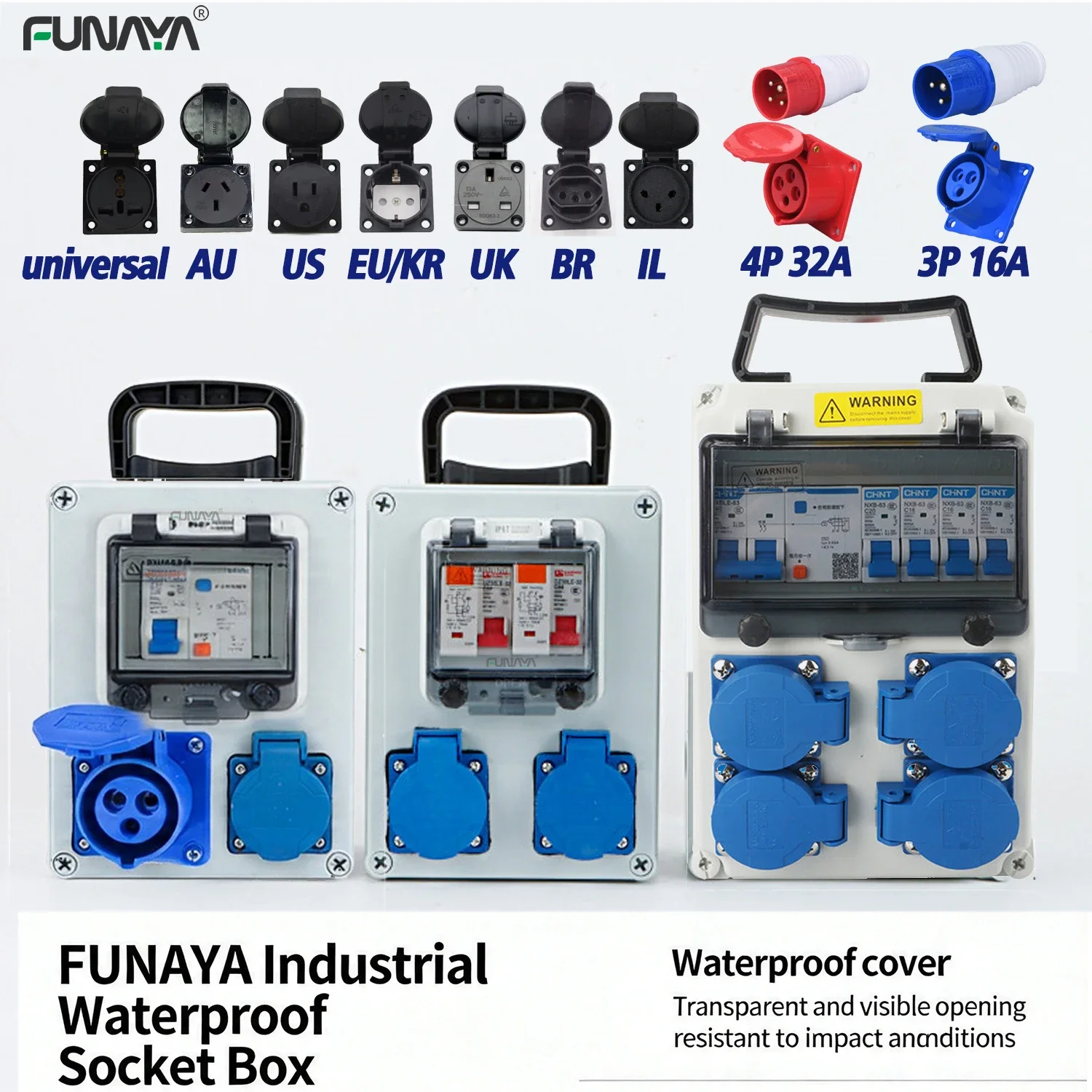FUNAYA Industrial Waterproof Portable Socket Box EU/UK/US/AU Universal 16A 32A 2/3/4P with Circuit Breaker Leakage Protection