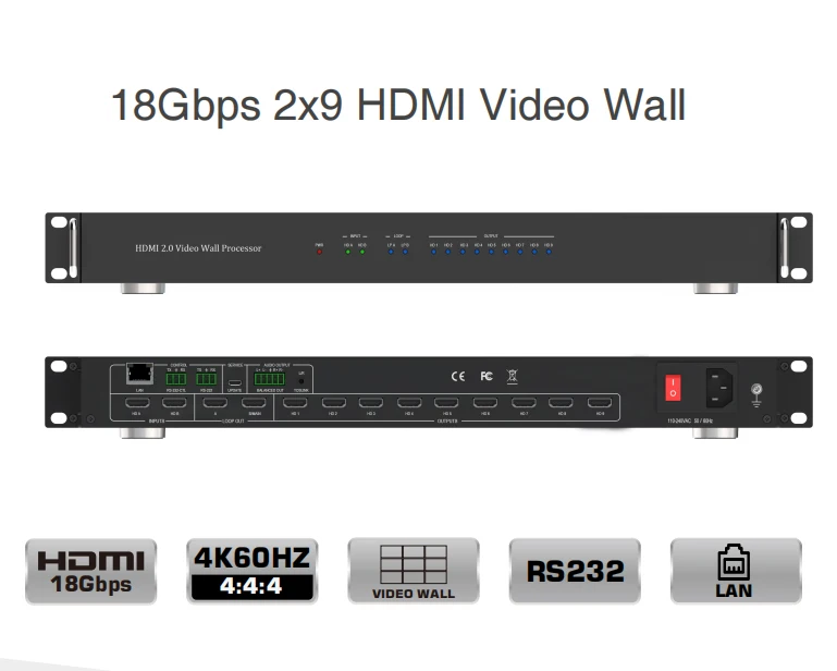 Prosesor Video Wall HDMI 4K 2X9 dengan Kontrol IP RS232, Pengontrol Video Wall HDMI 3X3 untuk Sistem Home Theatre
