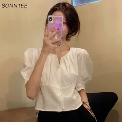 Shirts Women Puff Sleeve Summer Vintage Cropped Pure Sweet Leisure Breathable Soft Office Lady All-match Temperament New 2023