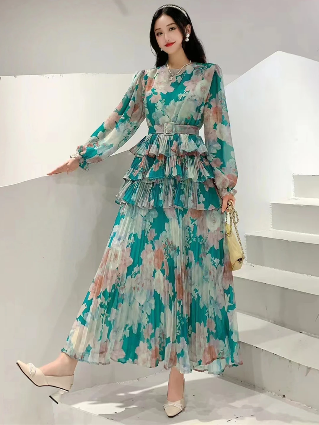 2024 New Spring Autumn Women Long Sleeve Belt Slim Long Dress High Quality Sweet Pleated Cake Big Hem Floral Dress 6 Colors