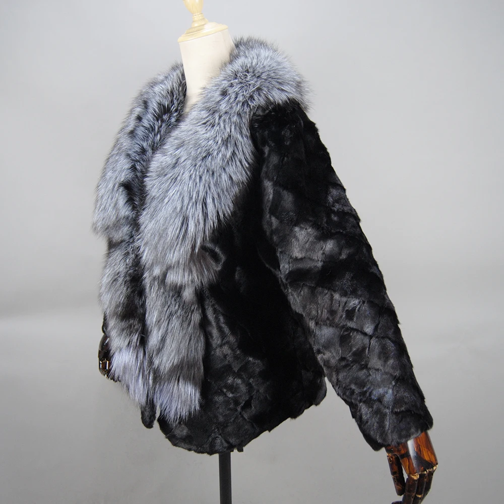 2024 Fashion Women Winter Warm Real Fur Coat Real Genuine Knitted Mink Fur Shawl Wrap Cape Scarf With Fox Fur Collar Mink Coat