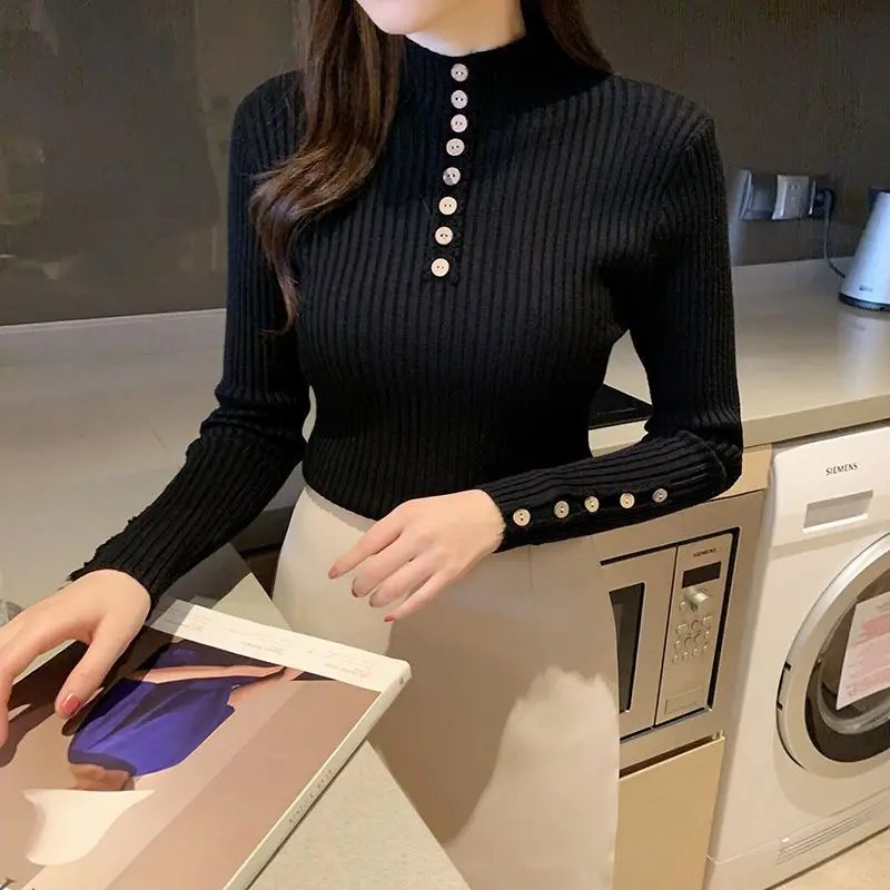 

Women Autumn and Winter Casual Simplicity Solid Color Turtleneck Long Sleeve Sweater Women Clothes Fashion Temperament Slim Tops