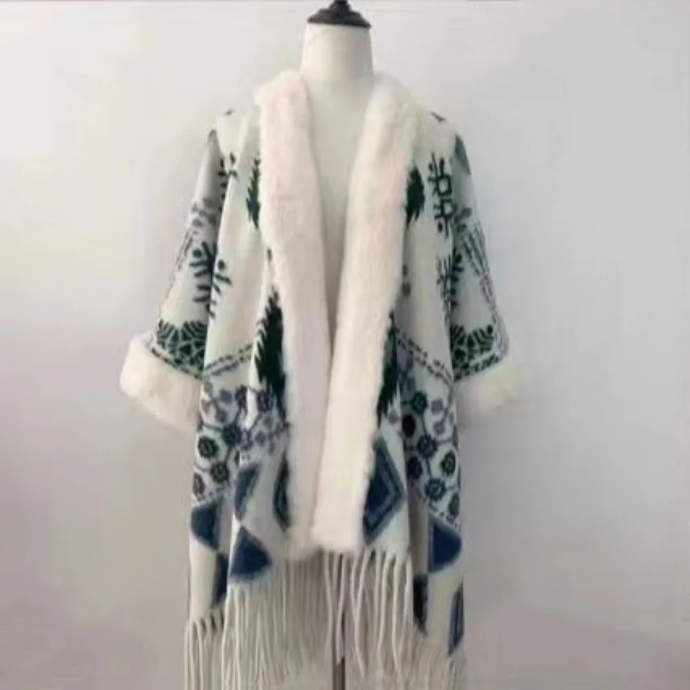 

Плюшевая шаль в этническом стиле, утепленная зимняя теплая шаль с воротником из искусственного меха, имитация кашемира, ретро кардиган, накидка, женская мода