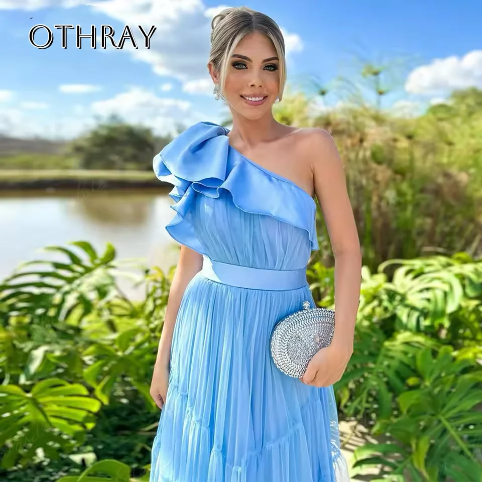 Lange Ruches Eén Schouder Tule Avondjurken Sjerp Mouwloos Formele Feestjurken voor Vrouwen فسات Mustaة Op maat