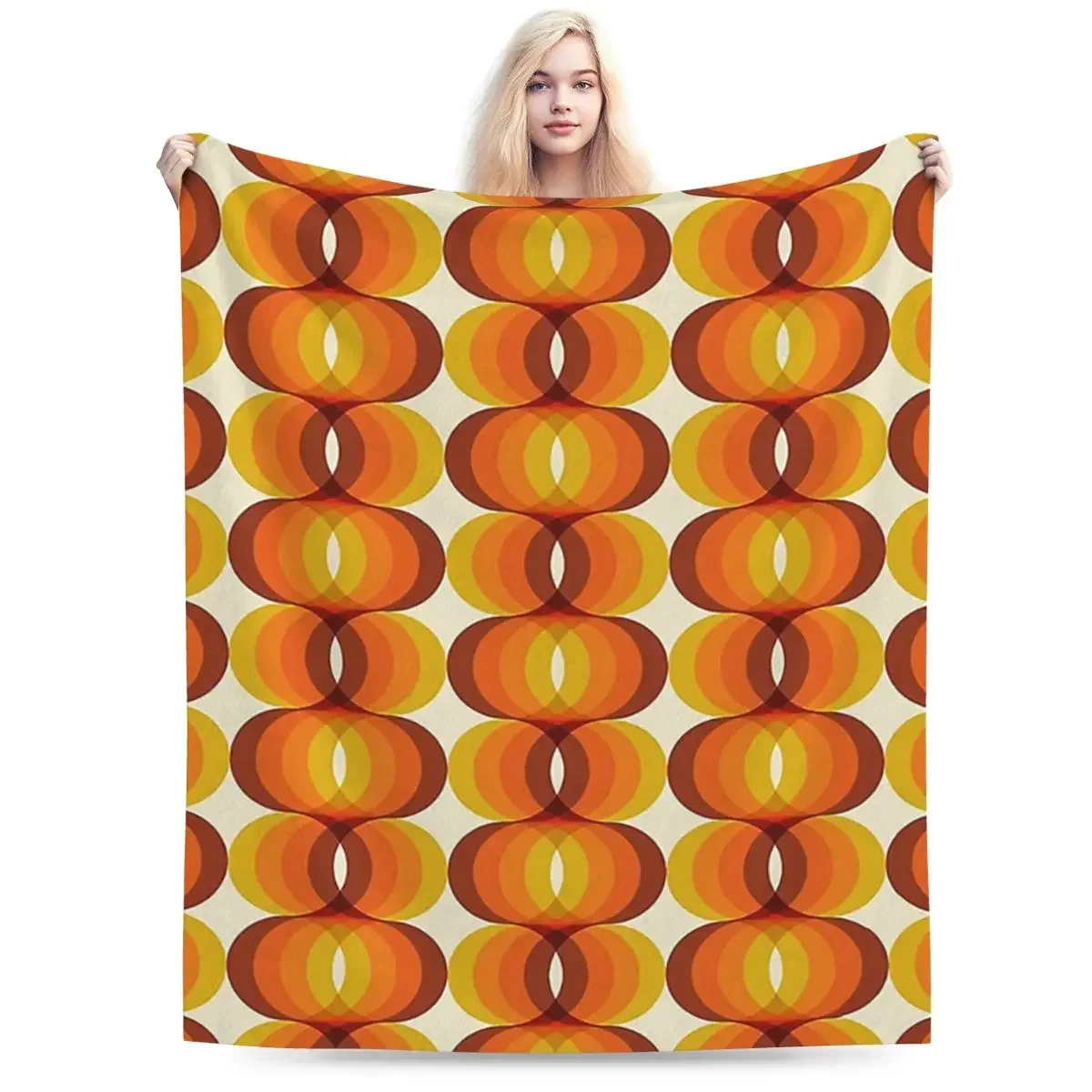 Orange, Brown, And Ivory Retro 1960s Wavy Pattern Blankets Warm Flannel Throw Blanket Plush for Bed Living room Picnic Home Sofa