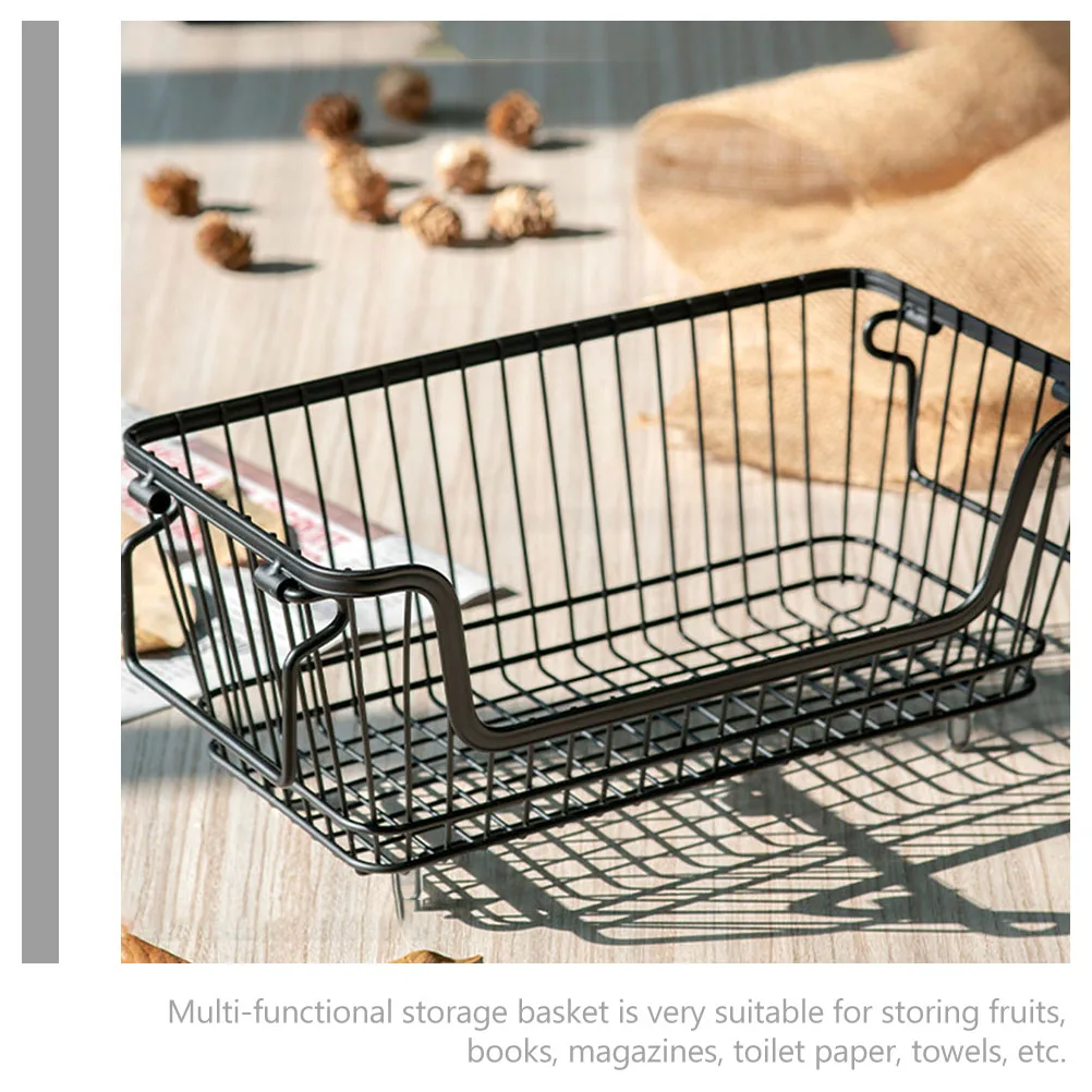 

Metal Wire Storage Basket for Organizing Fruits Vegetables Sundries Desktop Bathroom Shelf Decorative Black Rectangular
