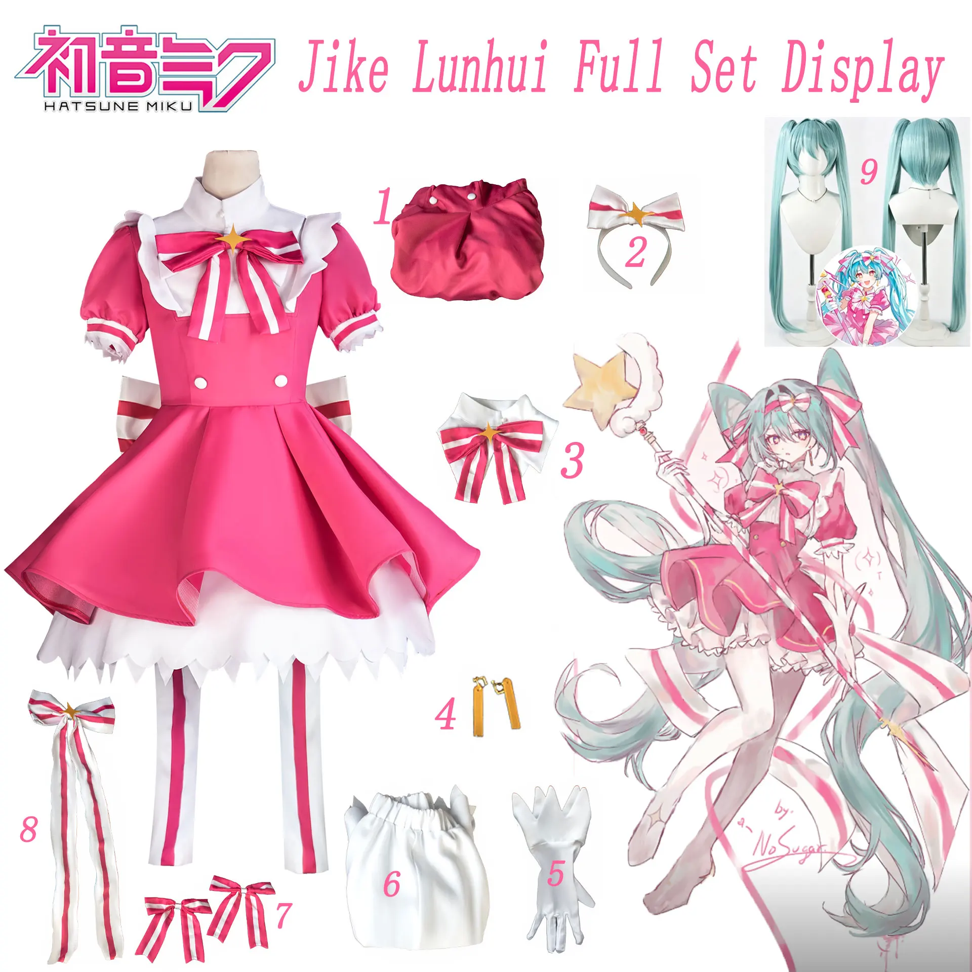 Vestido mágico de Cosplay de Lolita rosa, conjunto completo con peluca, guantes, calcetines con lazo, disfraz de escenario de Anime para fiesta de Halloween, juego de rol
