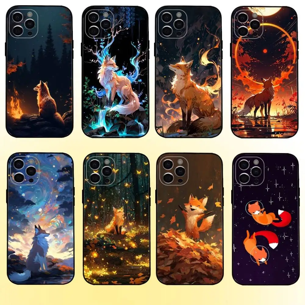 حافظة هاتف كارتون فوكس لطيفة لهاتف آيفون 17،16،15،14،13،12،11 بلس، برو ماكس غطاء أسود ناعم