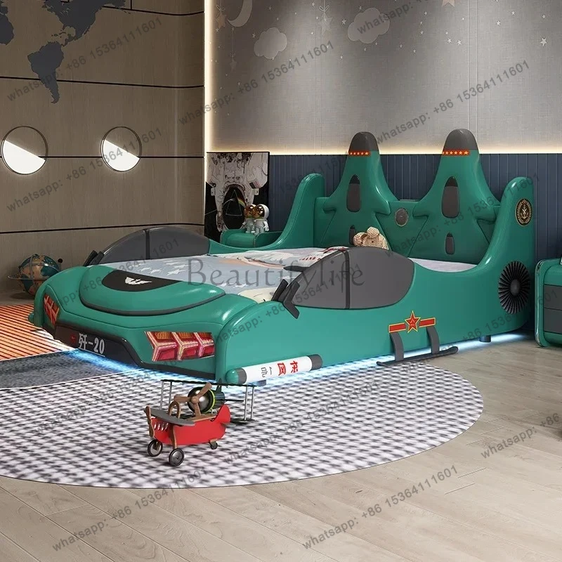 

yj32 Children's room creative cartoon boy car bed solid wood with guardrail fighter plane bed